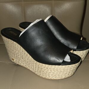 Michael Kors Black Cunningham Leather Platform Wedge Sandals, Sz 11